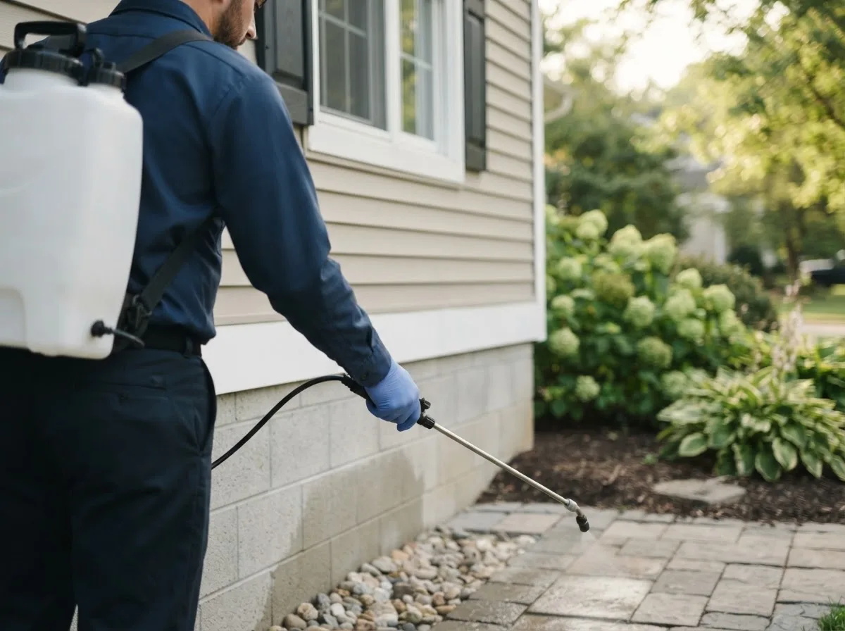 Pest control technician inspecting a home in Fraser, MI